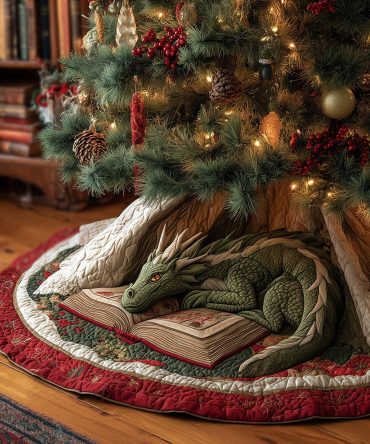 Dragon Evergreen Quilted Tree Skirt — Festive Green Dragon Design For Christmas Tree Base, Rustic & Elegant Holiday Accent