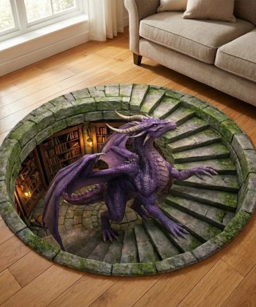 Dragon Lair Round Area Rug - Bold Medieval Dragon Design Rug With Durable Low-Pile Construction For Entryway, Living Room Or Den