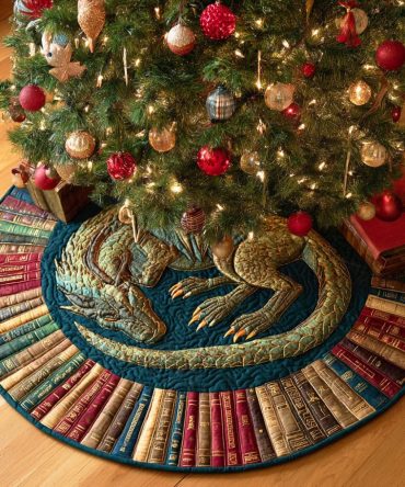 Dragon Library Flame Quilted Christmas Tree Skirt — Bold Dragon & Flame Quilted Holiday Mat For Fantasy Fans & Unique Seasonal Decor