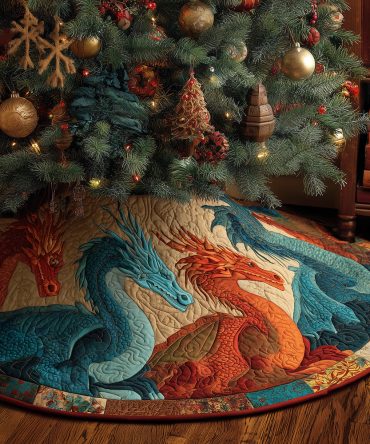 Dragonfire Eve Quilted Christmas Tree Skirt — Fiery Dragon Motif In Bold Holiday Colors For Statement Seasonal Decor