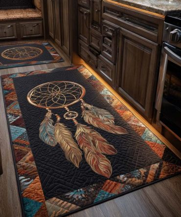 Dream Catcher Dark Kitchen Rug — Moody Boho Area Rug With Dreamcatcher Motif, Anti-Slip Backing, Durable Everyday Floor Mat
