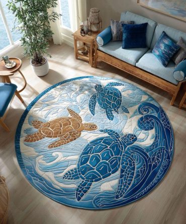 Dreaming Shell Round Area Rug — Shell Motif Coastal Rug For Beach Houses, Bedrooms & Nautical-Themed Rooms