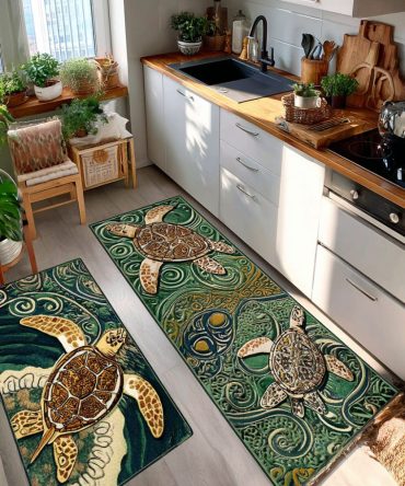 Earthbound Grace Kitchen Runner - Natural Toned Microfiber Rug, Non-Slip Backing, Machine-Washable & Low Profile