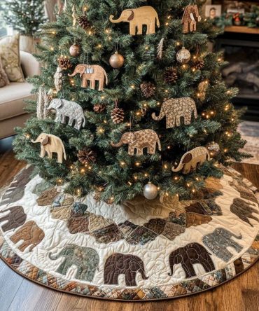 Rustic Earthy Elephant Quilted Christmas Tree Skirt — Soft Cotton Blend, Reversible Holiday Décor That Fits Full-Size Trees & Displays Gifts