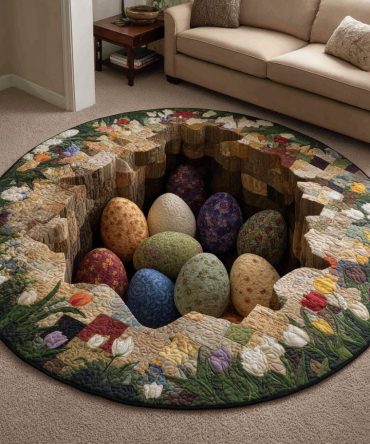 Easter Garden Round Area Rug - Colorful Floral & Bunny Design For Spring Decor, Living Room Or Nursery, Durable, Low-Profile, Non-Slip