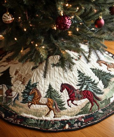 Echoes Of Hoofbeats Quilted Christmas Tree Skirt - Subtle Horse Motif, Cozy Quilted Holiday Mat For Equestrian & Country Households