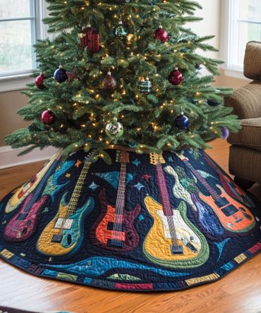 Electric Echo Quilted Holiday Tree Skirt — Contemporary Music Print, Cozy Quilting, 48-Inch Round, Washable & Reusable