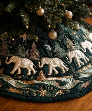 Elephant Parade Quilted Tree Skirt — Festive Elephant Holiday Base, 48In Cotton-Blend Quilting, Heirloom Look, Easy Tie Closure