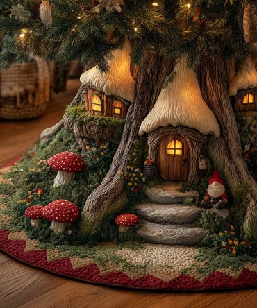 Elfpath Treehouse Quilted Christmas Tree Skirt - Storybook Elf Village Holiday Decor, Charming Hand-Quilted Tree Accent