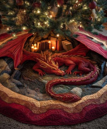 Ember Dragon Quilted Christmas Tree Skirt — Bold Fantasy Holiday Decor, Plush Quilting & Stitched Detail For Festive Living Rooms