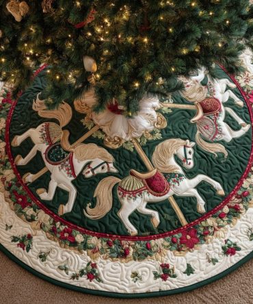 Emerald Carousel Horse Quilted Tree Skirt — Jewel-Toned Holiday Base With Carousel Motif, Luxurious Quilt Texture, Gift-Ready Accent