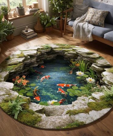 Emerald Koi Luxury Rug - Round Plush Area Rug With Deep Emerald Koi Pattern, Durable Low-Maintenance Fiber, Slip-Resistant For Home Décor