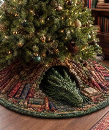 Emerald Library Dragon Quilted Christmas Tree Skirt - Luxurious Festive Skirt, Machine-Washable Cotton, Elegant Holiday Accent