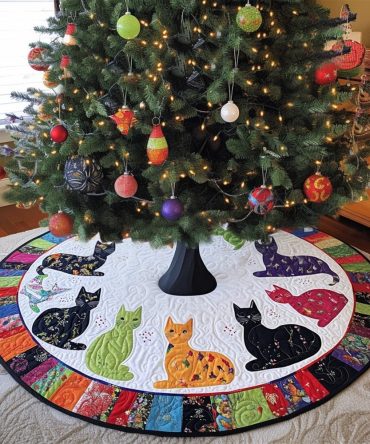 Enchanted Cats Quilted Christmas Tree Skirt — Whimsical Cat Holiday Tree Skirt, 48" Round, Soft Quilted Cotton Blend, Reversible & Washable