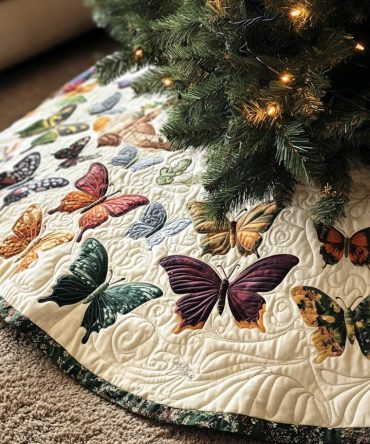 Enchanted Flight Quilt-Style Christmas Tree Skirt — Handcrafted Butterfly Holiday Mat, 52-Inch Cotton Blend, Easy Care