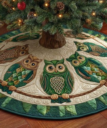 Enchanted Forest Owls Quilted Christmas Tree Skirt — Whimsical Owl Design, Soft Quilting & Charming Holiday Accent For Nature Lovers