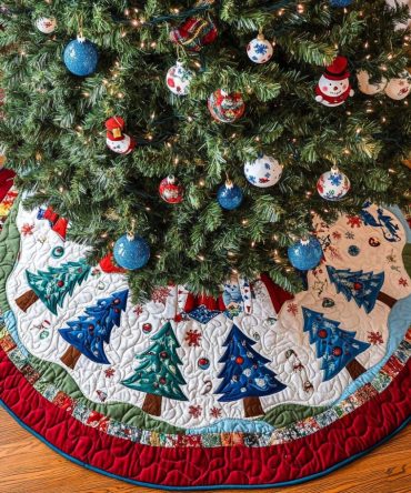 Enchanted Pines Quilted Christmas Tree Skirt — Forest-Inspired Embroidery, Plush Quilting & Elegant Holiday Base Accent
