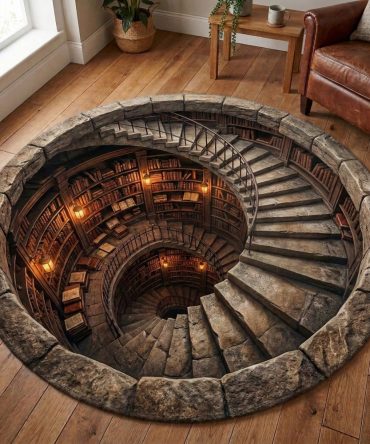 Endless Book Spiral Round Rug — Hypnotic Spiral Book Design Circular Area Carpet For Creative Spaces, Comfortable Pile & Secure Backing