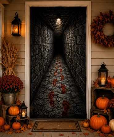 Endless Corridor Quilted Door Cover - Haunting Hallway Door Art, Padded Fabric For Spooky Entryway, Weather-Resistant & Easy To Hang