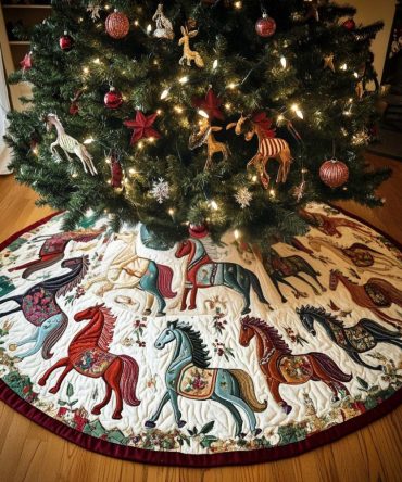 Eternal Freedom Quilted Christmas Tree Skirt - Inspirational Horse Design, Quilted Holiday Mat For Western, Rustic & Equestrian Decor