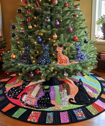 Evening Cats Quilted Christmas Tree Skirt — Cozy Nighttime Cat Motif Holiday Tree Skirt, 48" Round, Cotton Blend, Easy-Care