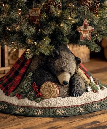 Evergreen Bear Den Quilted Tree Skirt — 48In Lodge-Style Christmas Skirt, Heavy-Quilted Reversible Polyester For Cozy Holiday Homes