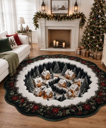 Evergreen Canyon Village - Rustic Forest Holiday Area Rug, Custom-Shaped Low-Pile Rug With Evergreen Village Scene, Durable, Stain-Resistant