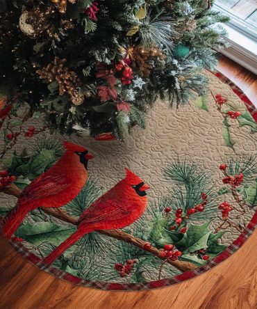 Evergreen Cardinal Quilted Tree Skirt — 48-Inch Holiday Base, Green & Red Patchwork, Durable Quilting, Reversible & Easy Care