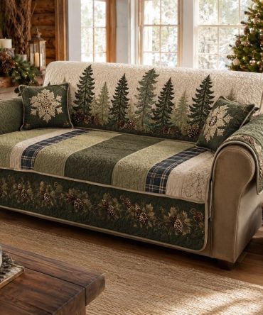 Evergreen Patchwork Quilted Sofa Slipcover — Reversible, Non-Slip Furniture Protector For Pets, Waterproof & Machine Washable