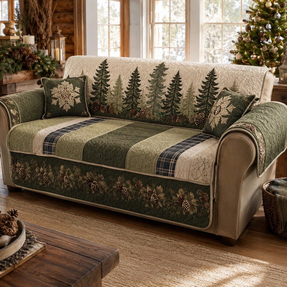 Evergreen Patchwork Quilted Sofa Slipcover — Reversible, Non-Slip Furniture Protector For Pets, Waterproof & Machine Washable