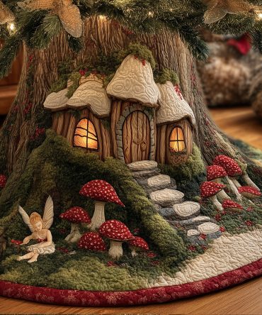 Fairy Mushroom Forest Quilted Christmas Tree Skirt - Enchanted Woodland Holiday Decor With Delicate Fairy & Mushroom Motifs
