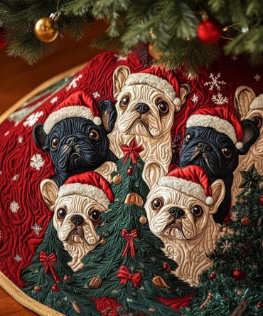 Luxury Quilted Christmas Tree Skirt With Fancy Frenchie Dog Applique - Plush Cotton-Blend Holiday Mat, Embroidered Accent Gift