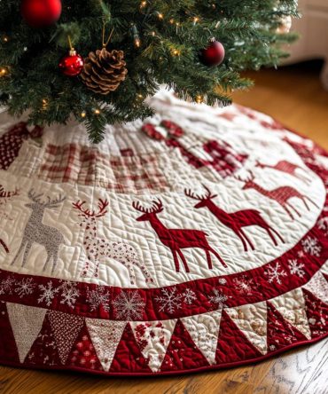 Delicate Fawn Quilted Tree Skirt - Snowy Frost Motif Holiday Decor, Lightweight Warmth, Secure Tie Closure, Ideal For Cozy Christmas Settings