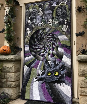 Fear On The Front Step Quilted Halloween Door Cover — Terrifying Front Step Scene Panel To Transform Your Entryway Fast