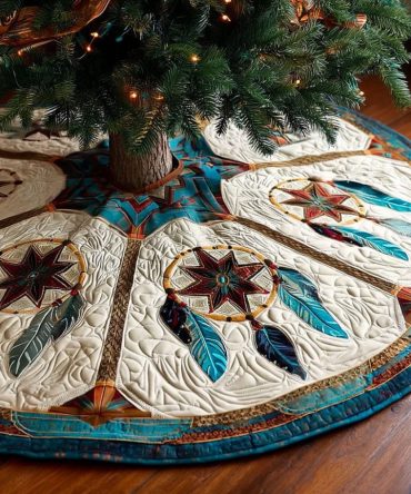 Feather Compass Quilted Christmas Tree Skirt — Elegant Southwestern Compass & Feather Design For Cozy Holiday Styling