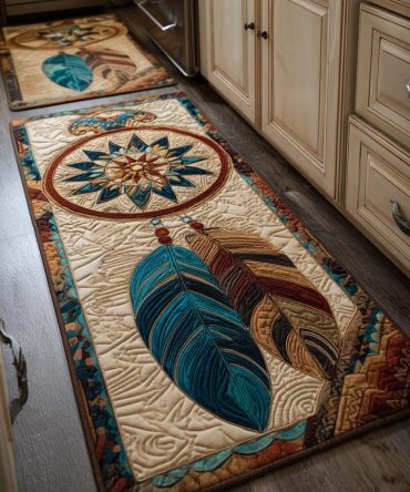 Feather Dreamer Kitchen Rug — Boho Feather Print Area Mat, Soft Low-Profile, Non-Skid Backing, Machine Washable Accent Rug