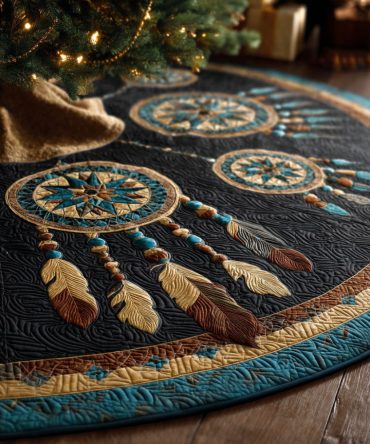 Feather Harmony Quilted Christmas Tree Skirt — Boho Western Holiday Decor With Soft Quilting And Elegant Feather Motifs