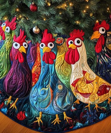 Feathered Cheer Quilted Tree Skirt — Bright Quilted Christmas Tree Skirt With Cheerful Bird Accents, Farmhouse Holiday Charm