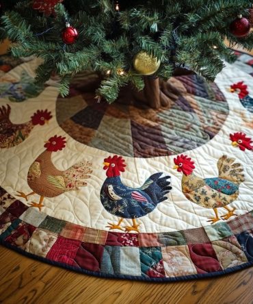 Feathered Gatherings Quilted Tree Skirt — Charming Quilted Christmas Skirt With Feathered Bird Designs, Cozy Holiday Décor