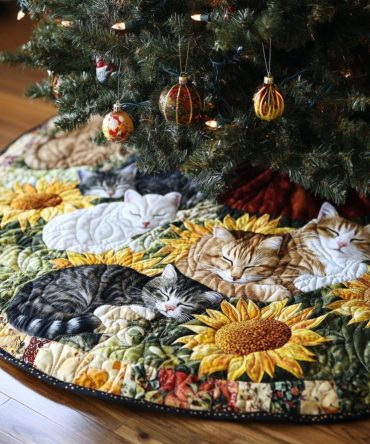 Feline Fields Cat-Themed Quilted Tree Skirt — Soft Cotton Holiday Tree Base, Machine-Washable, Pet-Friendly Decor & Gift, Fits Most Tree Sizes