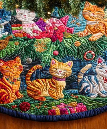 Feline Meadows Quilted Tree Skirt — Meadow Motif Cat Christmas Base, Cozy Quilting, Easy-Care Holiday Decor, Gift-Ready, Fits Most Tree Sizes
