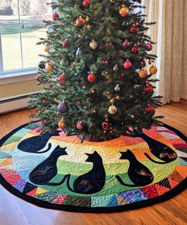 Quilted Feline Shadows Christmas Tree Skirt — Black Cat Silhouette Holiday Tree Skirt, 48" Round, Cotton Blend, Machine-Washable