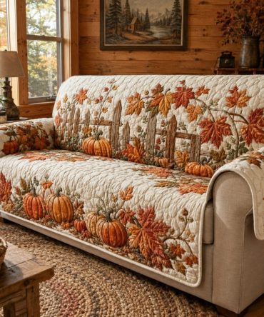 Pumpkin Quilted Couch Cover - Autumn Fence Print Slipcover For Sofa, Machine-Washable Quilted Protector For Pets & Kids