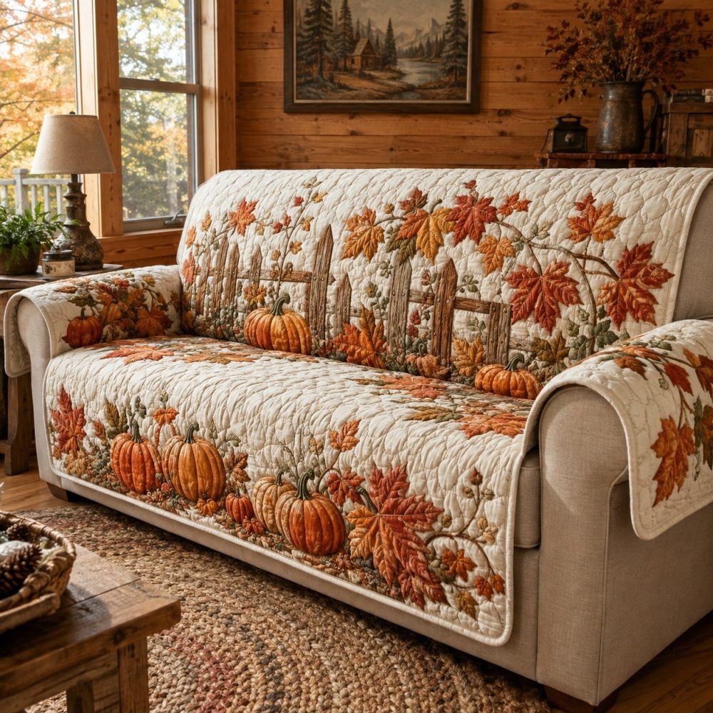 Pumpkin Quilted Couch Cover - Autumn Fence Print Slipcover For Sofa, Machine-Washable Quilted Protector For Pets & Kids