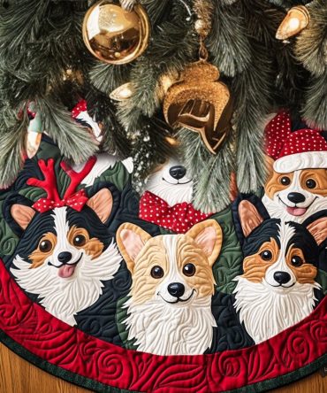 Deluxe Quilted Christmas Tree Skirt — Festive Corgi Delight Design, 48In Plush Holiday Accent For Living Room