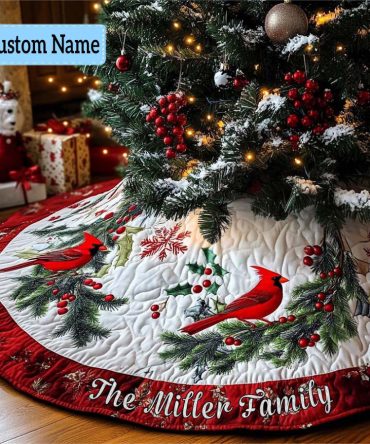 Personalized Festive Foliage Quilted Christmas Tree Skirt With Custom Name Embroidery — Luxury Holiday Tree Base Decor, Machine Washable