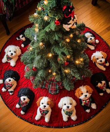 Festive Bichon Blessings Quilted Tree Skirt — Quilted Holiday Tree Skirt With Bichon Frise Design, Decorative & Machine Friendly