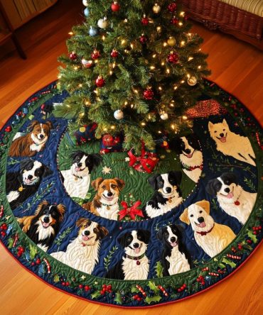 Festive Border Collies Quilted Tree Skirt — Holiday Dog Print Décor With Plush Quilting, Durable & Easy To Tie