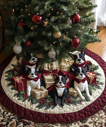 Festive Boston Charm Quilted Tree Skirt — Classic Holiday Decor With Boston Terrier Motif & Soft Quilting