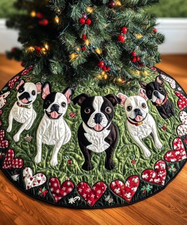 Festive Boston Terrier Joy Quilted Tree Skirt — Bright & Cheerful Dog Motif Skirt For Holiday Trees, Ideal Gift For Dog Owners